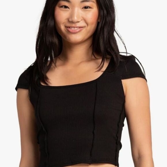 Full Tilt  Square Neck Seamed Tee- Black - Picture 2 of 7